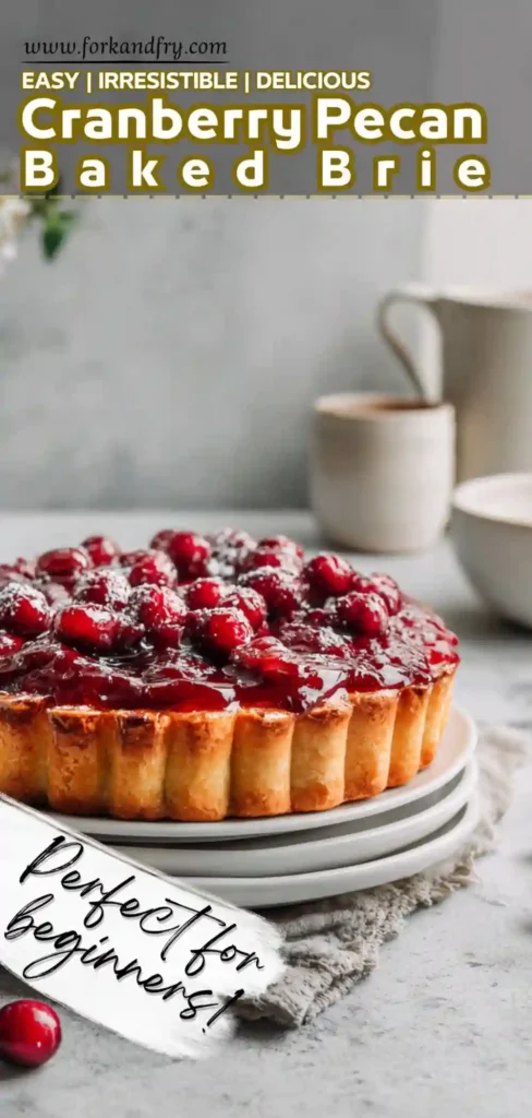 Easy Cranberry Pecan Baked Brie – Perfect Holiday Appetizer Cranberry pecan baked brie tart with glossy topping and golden crust on stacked plates