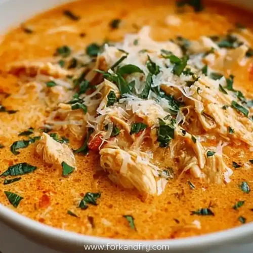 bowl of creamy chicken parmesan soup topped with shredded cheese and parsley, served with bread