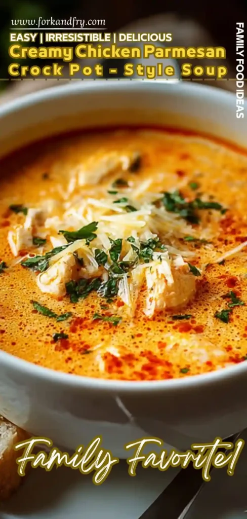 creamy chicken parmesan soup in a white bowl topped with shredded cheese and parsley, Pinterest-style pin
