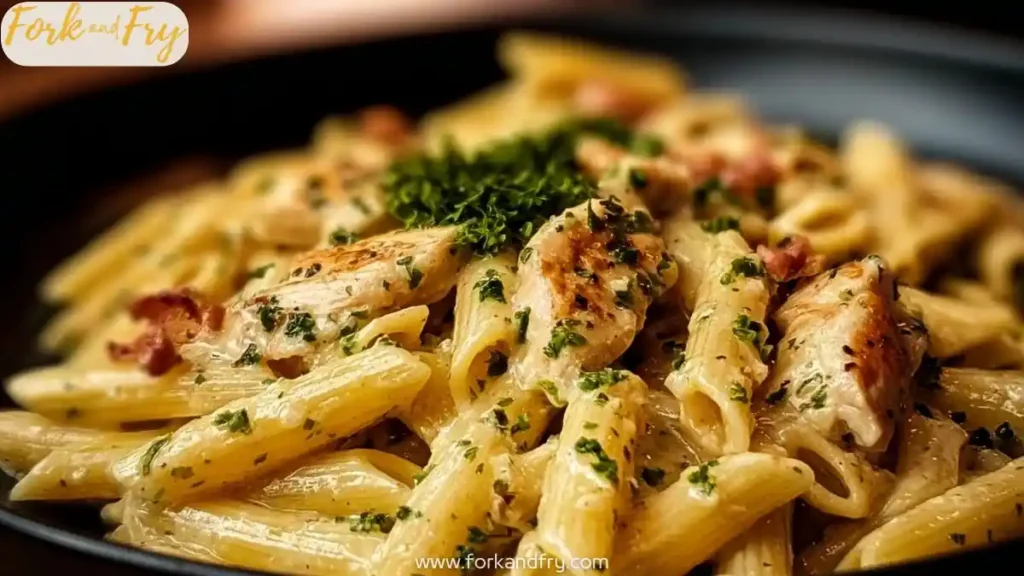 Creamy chicken penne pasta with parsley and crispy bacon in a black bowl