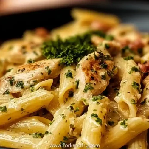 Creamy chicken penne pasta with parsley and crispy bacon in a black bowl