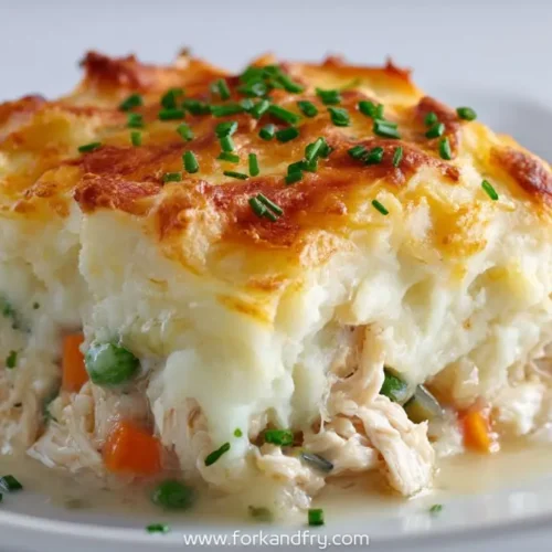 golden-topped creamy chicken shepherd’s pie with peas, carrots, and chives on white plate