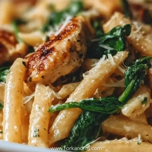 creamy pasta with sautéed chicken, fresh spinach, and parmesan in a white bowl