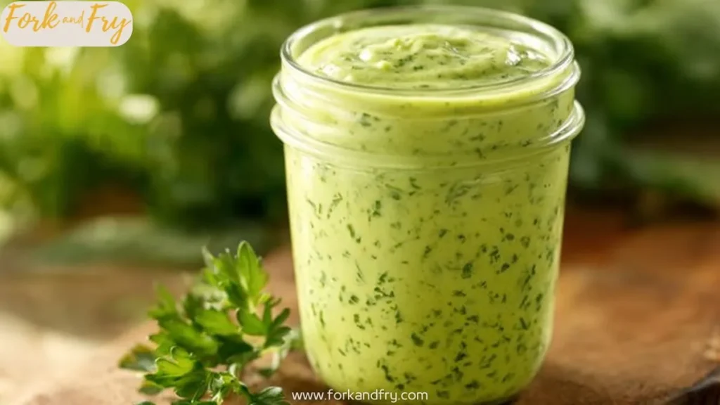 jar of creamy green goddess dressing with herbs on a wooden board