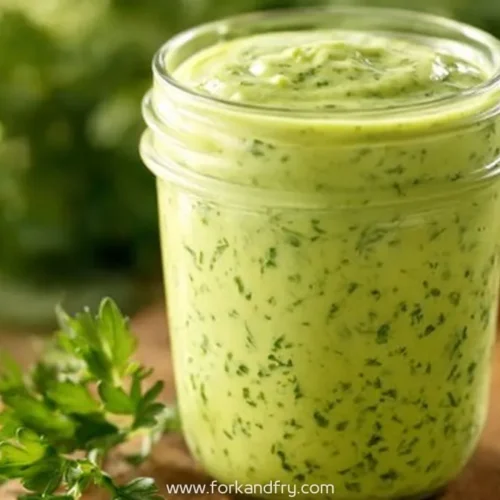 jar of creamy green goddess dressing with herbs on a wooden board