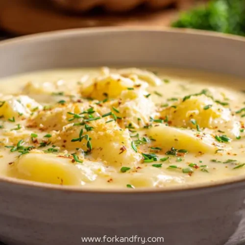 creamy potato soup with herbs and melted cheese in a ceramic bowl
