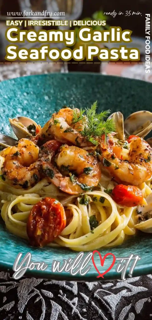 Creamy Garlic Seafood Pasta with Shrimp and Clams creamy garlic seafood pasta with shrimp, clams, cherry tomatoes in turquoise bowl