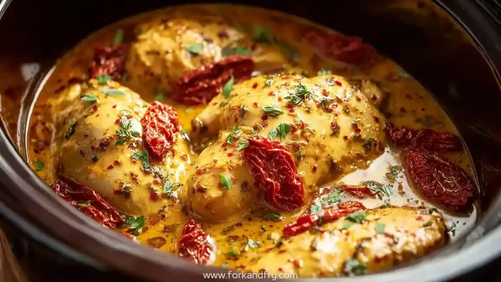 crockpot creamy chicken with sun-dried tomatoes and herbs in rich sauce