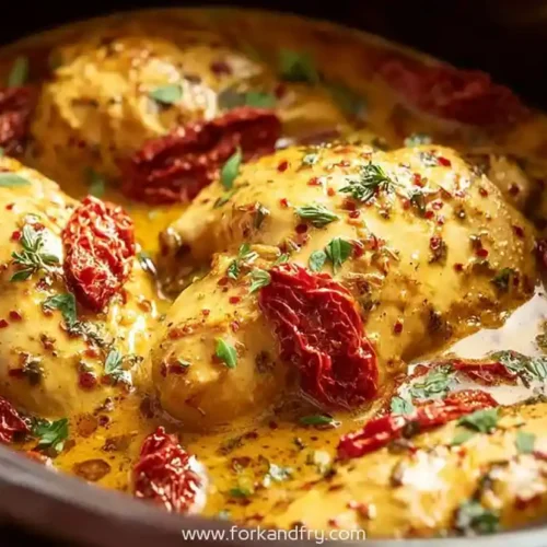 crockpot creamy chicken with sun-dried tomatoes and herbs in rich sauce