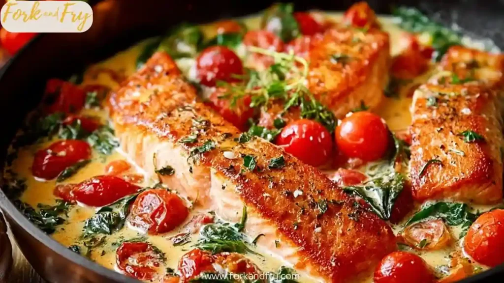 Pan-seared salmon fillets in creamy garlic sauce with cherry tomatoes and spinach