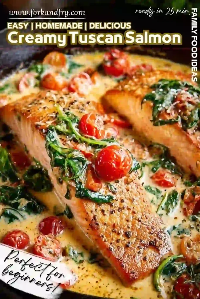 Creamy Tuscan Salmon – Easy 25-Minute Skillet Recipe for Beginners Seared salmon fillets in creamy garlic sauce with cherry tomatoes and spinach, served in a cast iron skillet