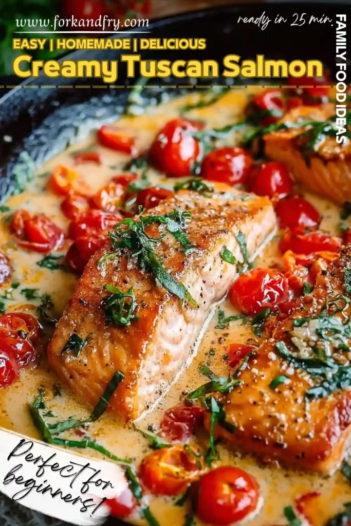 Seared salmon fillets in creamy garlic sauce with cherry tomatoes and herbs in a skillet