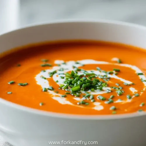 Creamy vegetable soup in a white bowl topped with fresh chopped chives and swirl of cream