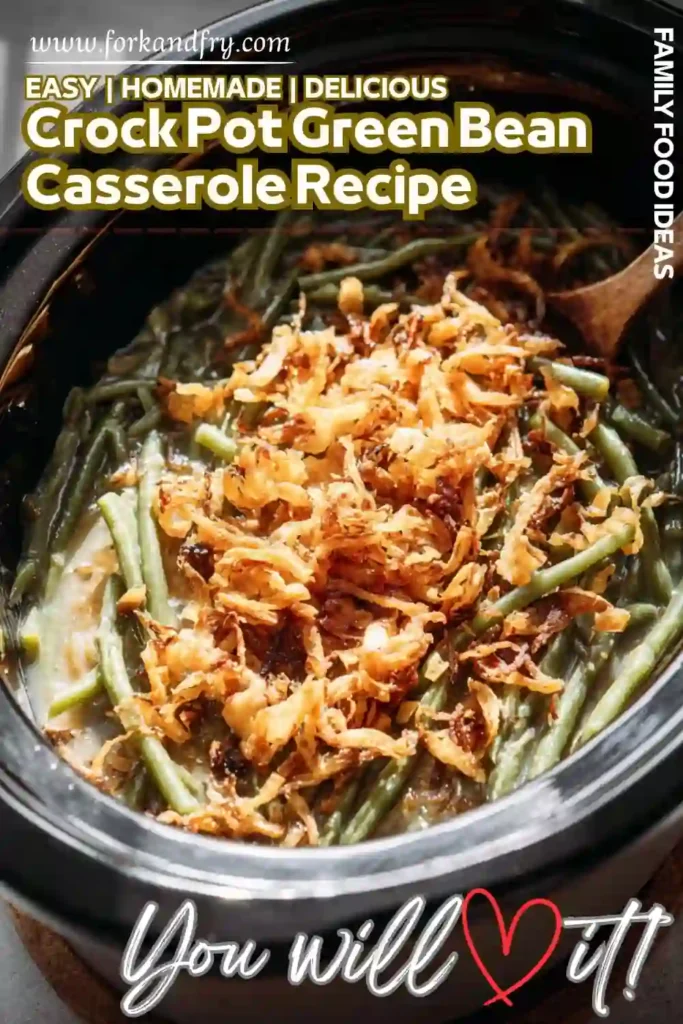 Crockpot Green Bean Casserole – Easy Holiday Side Dish Everyone Loves Crockpot green bean casserole topped with crispy fried onions and served with a wooden spoon