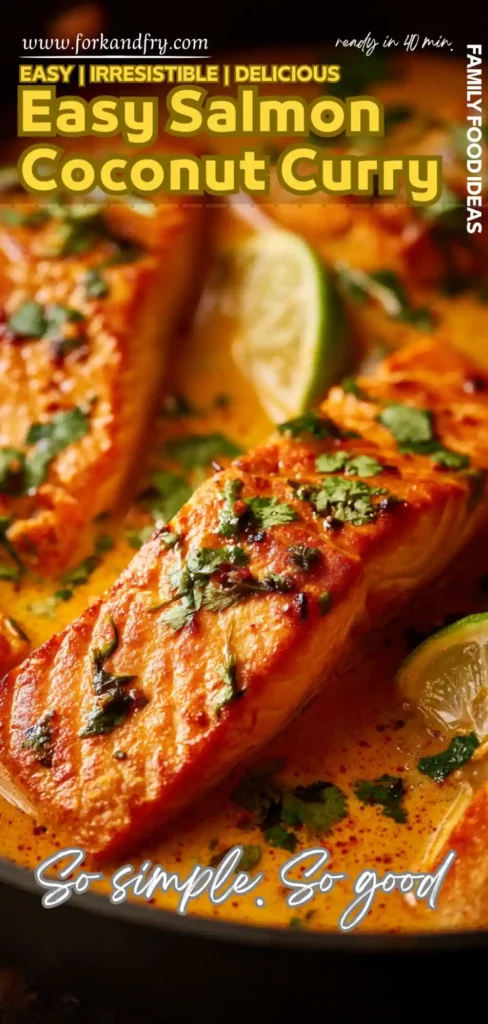 salmon fillets in coconut curry sauce with cilantro and lime in a Pinterest recipe design