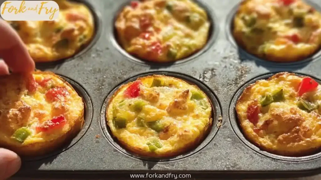 Mini egg bites baked in a muffin tin with bell peppers and chicken, golden and crispy from air fryer