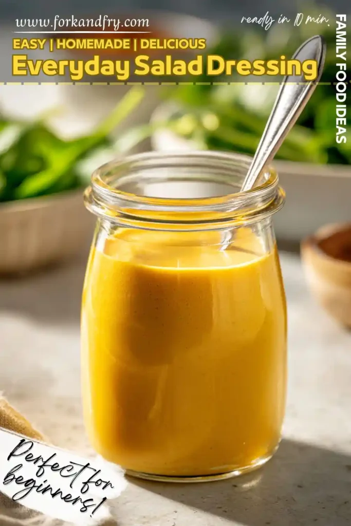 Easy Everyday Salad Dressing – Ready in 10 Minutes tall glass jar with golden salad dressing and spoon, styled with greens and text overlay
