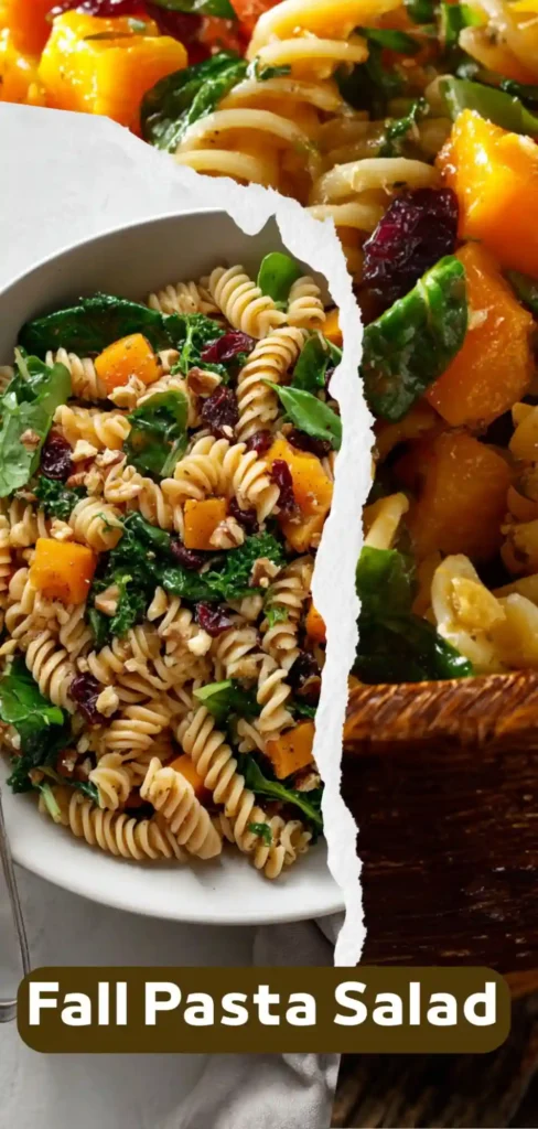 collage of fall pasta salad with kale, butternut squash, cranberries and walnuts, torn paper design and bold text