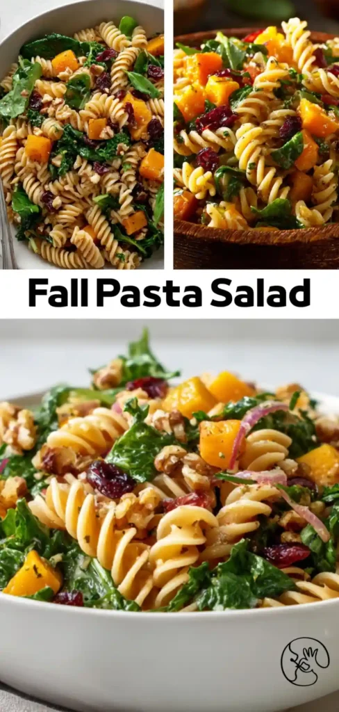 rotini pasta salad with kale, butternut squash, dried cranberries and walnuts in a collage-style Pinterest pin