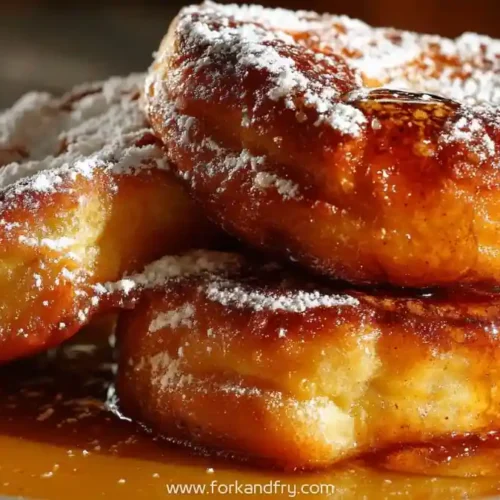 Golden brown French toast rings stacked with powdered sugar and maple syrup on a white plate