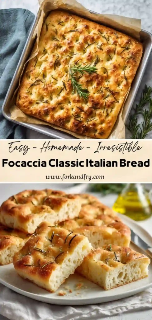 tall image of golden rosemary focaccia in baking tray and sliced on plate with olive oil
