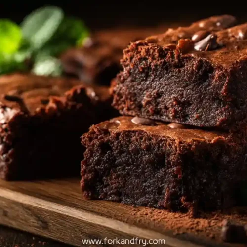 close up of fudgy chocolate brownies stacked on wooden board with mint leaves