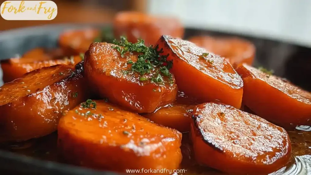 glazed candied sweet potatoes with parsley served on a dark plate