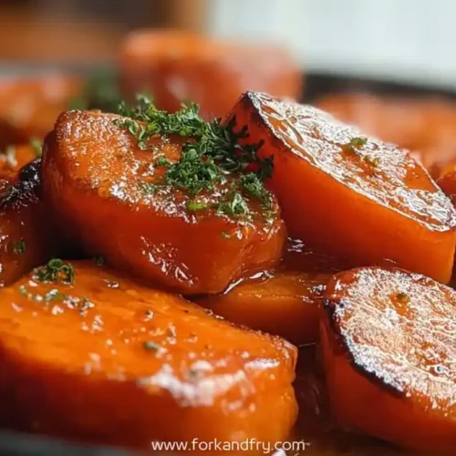 glazed candied sweet potatoes with parsley served on a dark plate