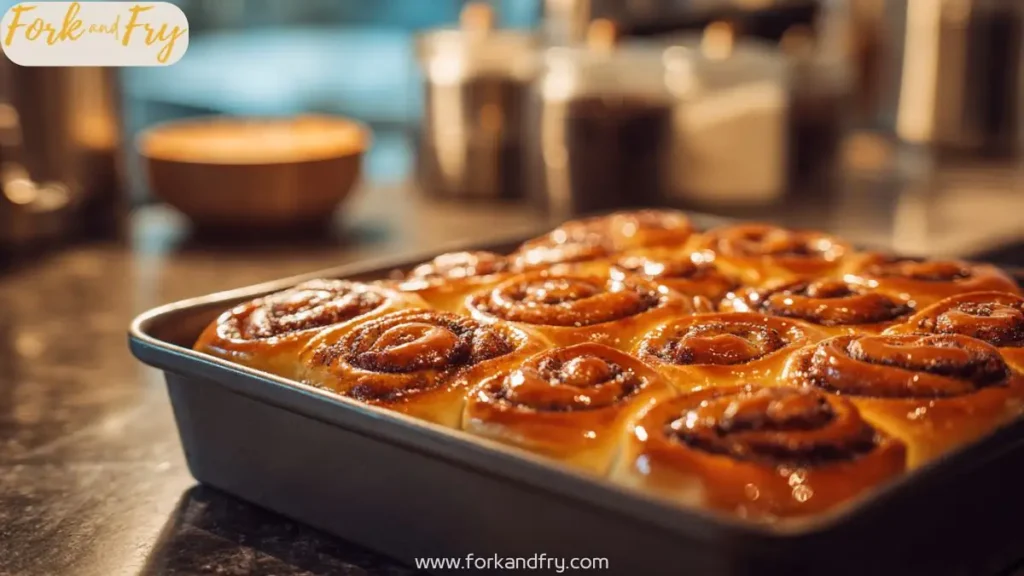 golden-brown cinnamon rolls fresh from oven in a baking pan with shiny glaze