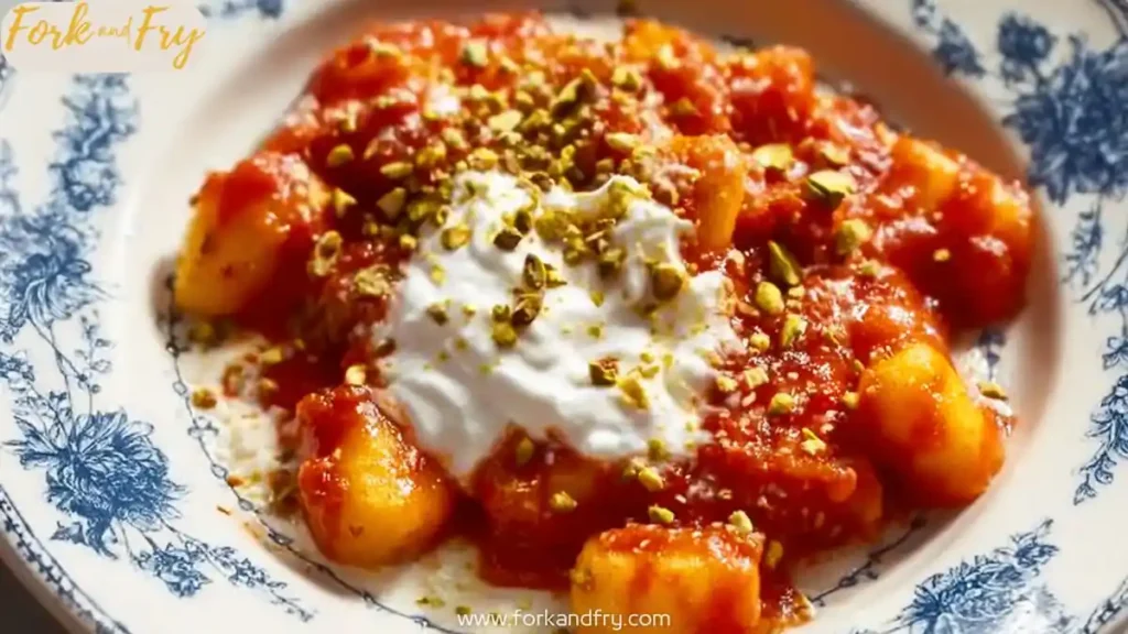 Soft gnocchi with rich tomato cream sauce, whipped ricotta, and crushed pistachios on vintage plate