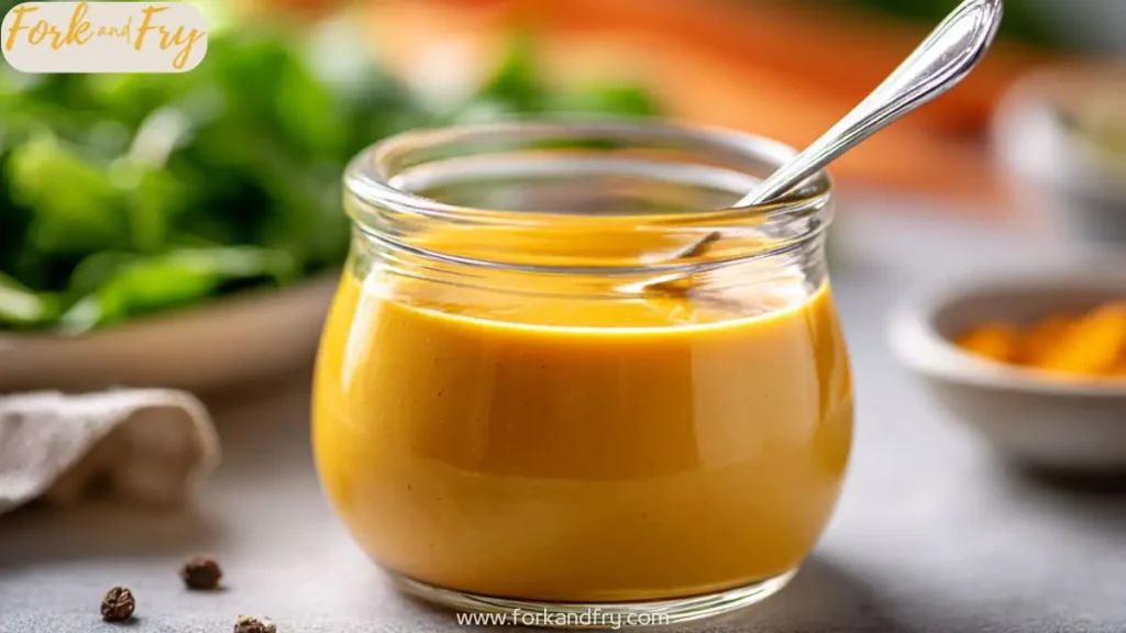 glass jar filled with creamy golden dressing and spoon, surrounded by fresh greens