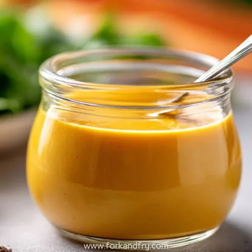 glass jar filled with creamy golden dressing and spoon, surrounded by fresh greens
