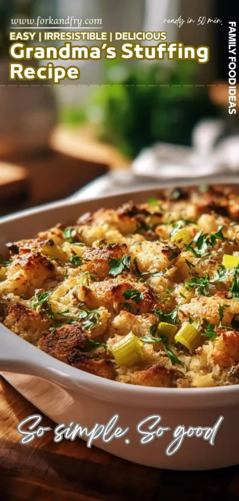 Grandma’s Classic Stuffing Recipe for the Holidays classic stuffing casserole with crispy bread cubes, celery, and parsley in a Pinterest pin