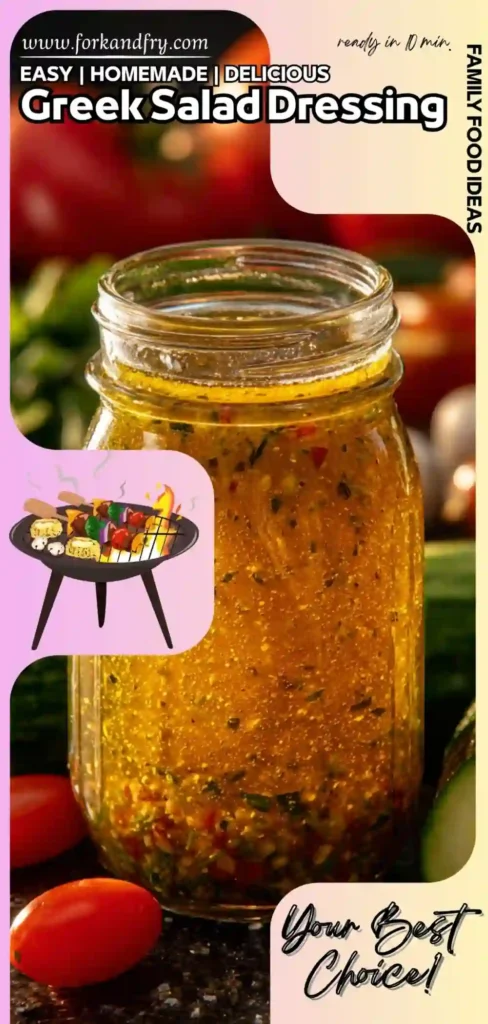 Greek Salad Dressing for Easy Family Meals vertical pin of Greek salad dressing jar with fresh tomatoes and cucumbers in background