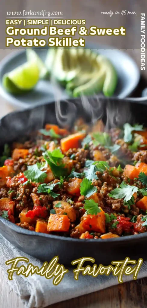 Ground Beef u0026 Sweet Potato Skillet – Healthy, One-Pan Meal Steamy ground beef and sweet potato skillet topped with fresh cilantro in cast iron, with sliced avocado and lime in background