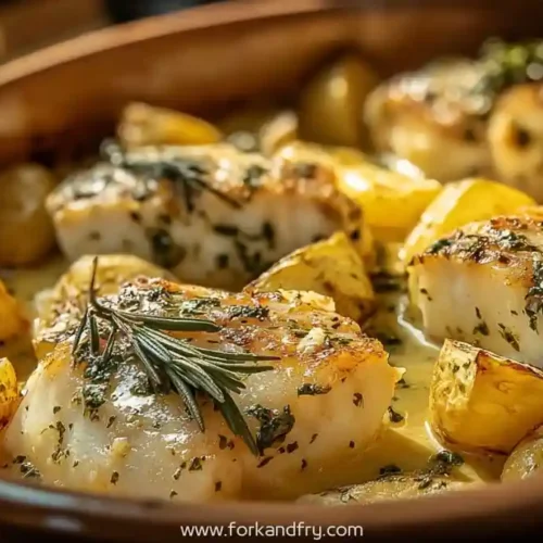 baked cod fillets with rosemary and roasted potatoes in brown casserole dish