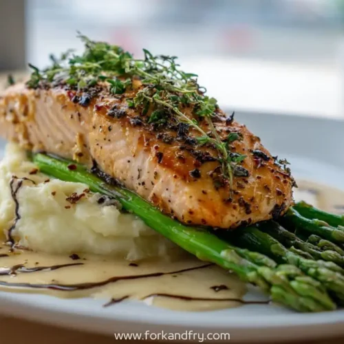 seared salmon filet on mashed potatoes and asparagus with creamy herb sauce