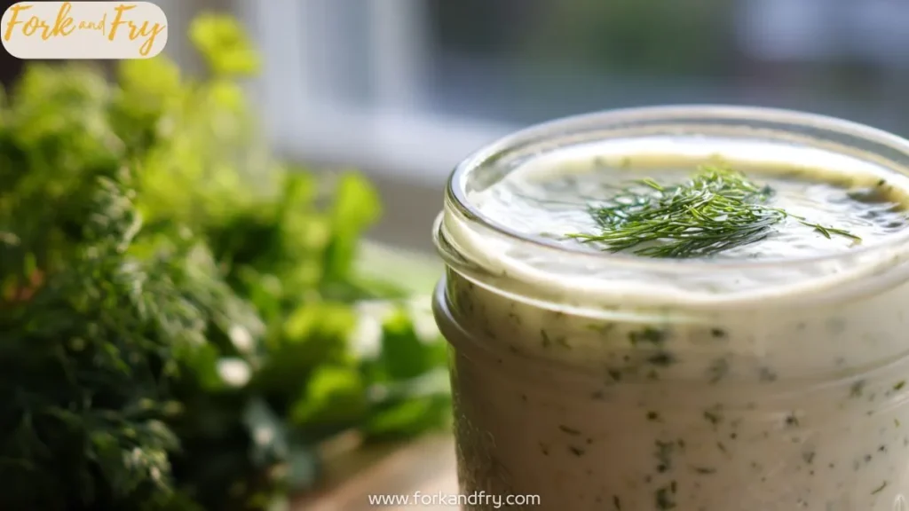 creamy dill ranch sauce in a mason jar topped with fresh dill, next to a bundle of herbs