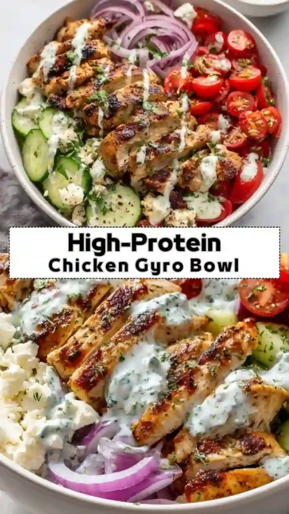 High-protein chicken gyro bowl with grilled chicken, cherry tomatoes, cucumber, red onion, feta cheese, and tzatziki sauce