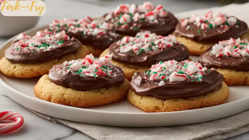 sugar cookies topped with chocolate fudge frosting and crushed peppermint on a festive plate