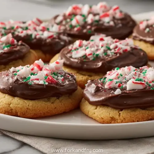 sugar cookies topped with chocolate fudge frosting and crushed peppermint on a festive plate