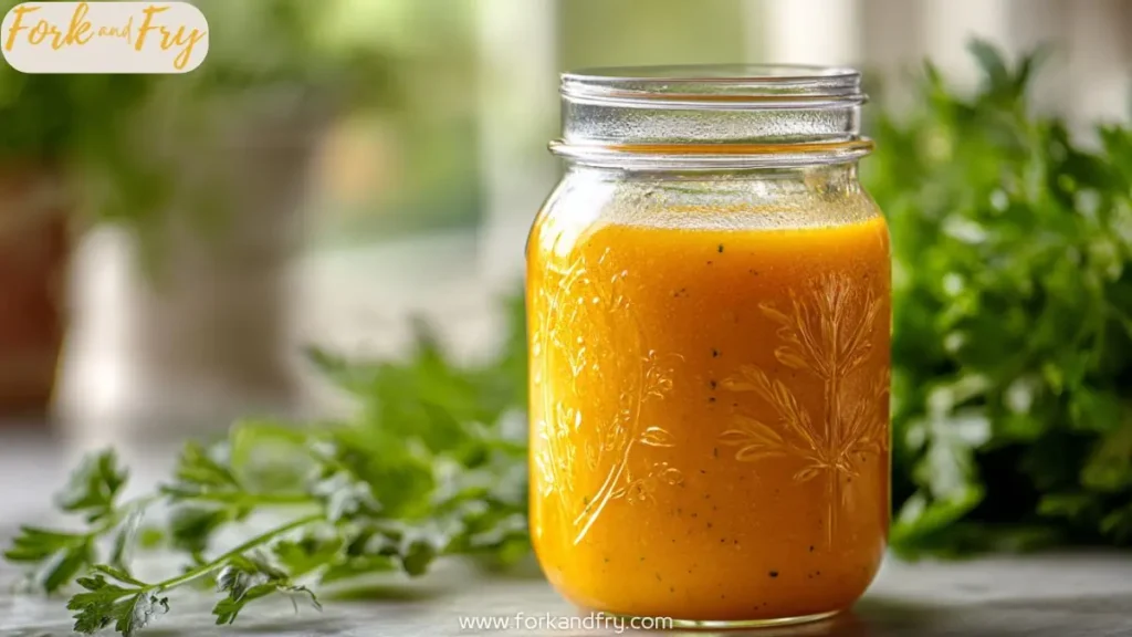 mason jar filled with bright orange homemade vinaigrette surrounded by fresh parsley