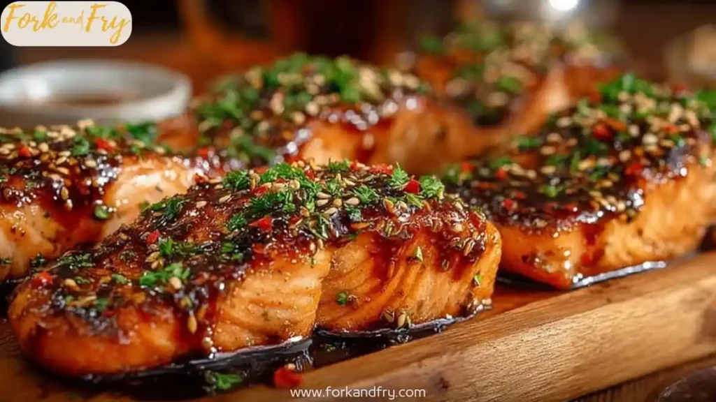Honey garlic glazed salmon fillets topped with herbs and sesame on wooden board