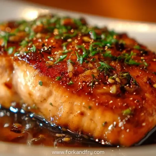 glazed salmon fillet topped with herbs and garlic in soy honey sauce