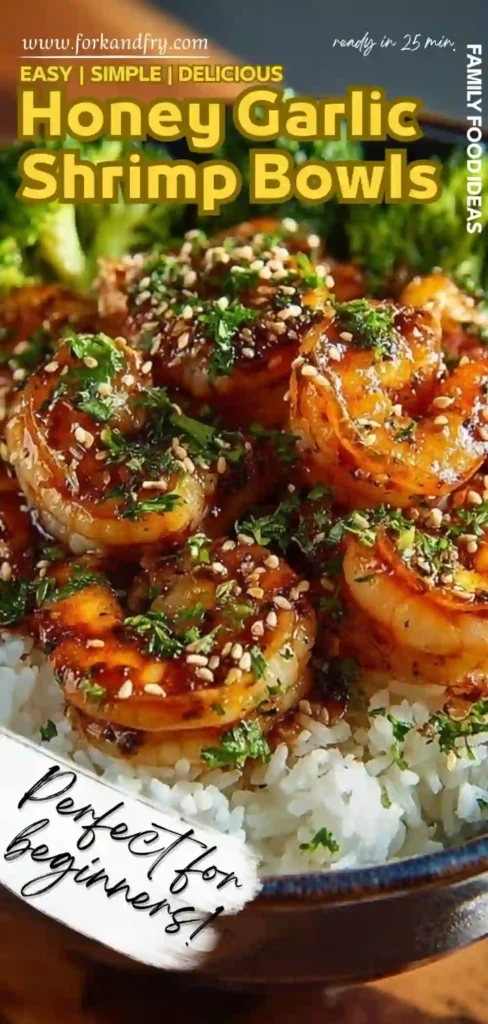 Glazed honey garlic shrimp over rice topped with sesame seeds and herbs, served with broccoli in a rustic bowl