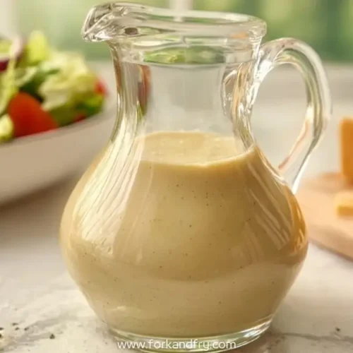 glass pitcher of creamy Italian house dressing with salad and cheese cubes