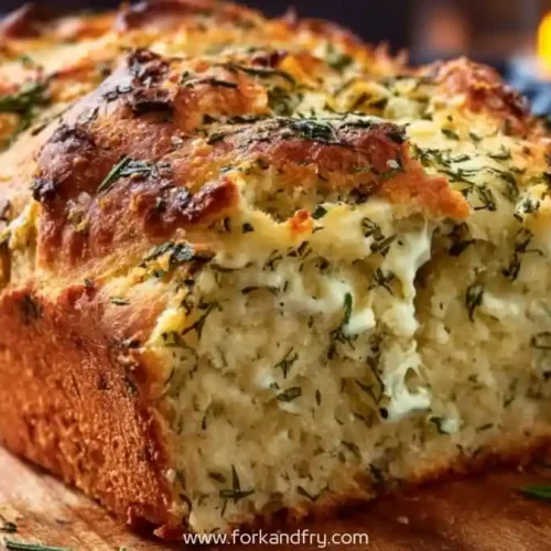 Golden crusted Italian herb and cheese bread loaf on wooden board with melted cheese and fresh rosemary