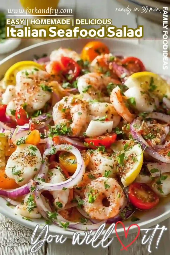 Italian Seafood Salad with Shrimp u0026 Scallops – Fresh and Easy Recipe Italian seafood salad with shrimp, scallops, red onions, cherry tomatoes, lemon slices, and parsley on a white plate