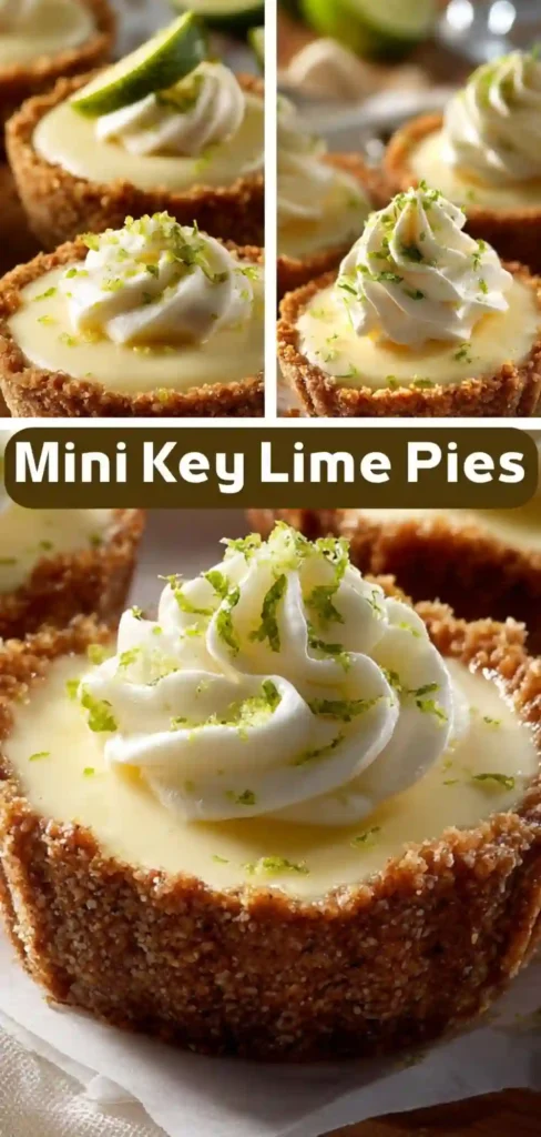Mini Key Lime Pies with Whipped Cream and Graham Crust Mini key lime pies with graham crusts, whipped cream, and lime zest in vertical collage