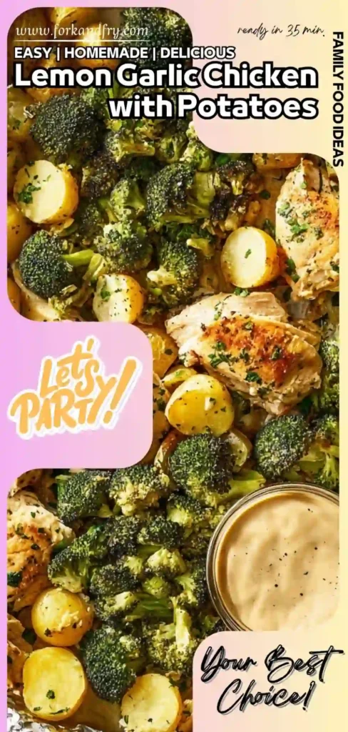 Easy Lemon Garlic Chicken with Potatoes – Family Favorite! Vertical design of roasted lemon garlic chicken, broccoli, and baby potatoes with creamy sauce and bold text overlays